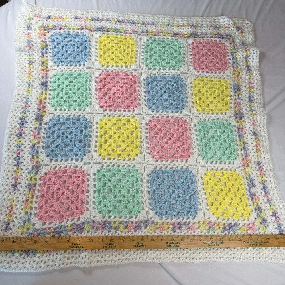 Handmade Crochet Baby Blanket Pastel Granny Square White Trim 31x29 Vintage